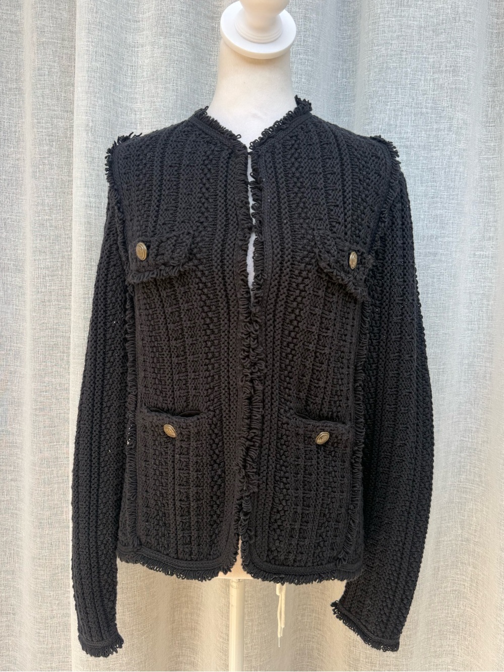 LINI black knitted tweed fringe cardigan